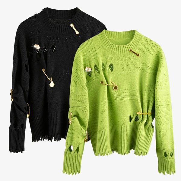 leisure full sleeve o neck pullover metal pin low out women loose knitting sweater 2019 autumn winter new clothes l457, White;black
leisure full sleeve o neck pullover metal pin low out women loose knitting sweater 2019 autumn winter new clothes l457, White;black