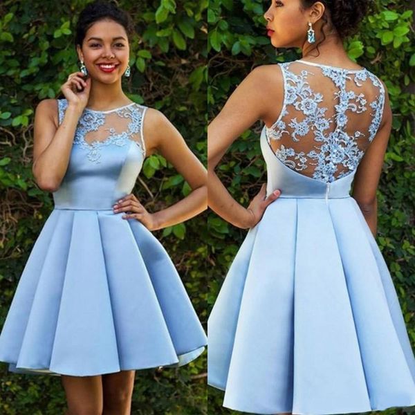2020 new short sky blue cocktail dresses ball gown jewel neck lace appliques satin illusion ruffles summer party gowns homecoming prom dress, Black
2020 new short sky blue cocktail dresses ball gown jewel neck lace appliques satin illusion ruffles summer party gowns homecoming prom dress, Black