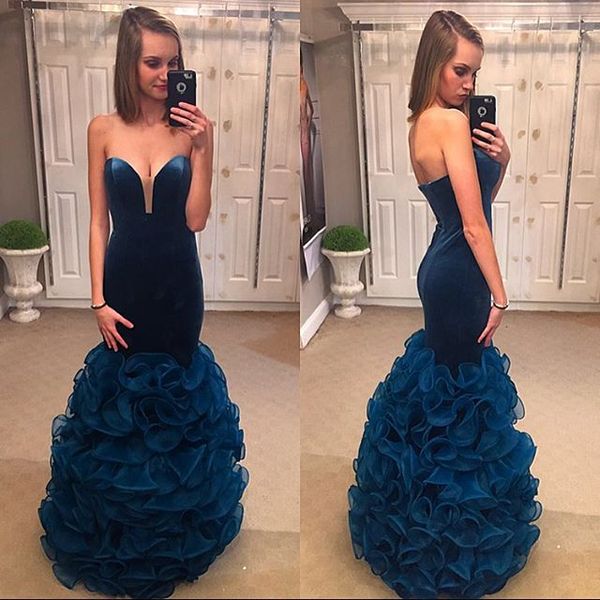 navy velvet prom dresses mermaid sweetheart ruffles bottom backless floor length long evening pageant dress gowns, Black
navy velvet prom dresses mermaid sweetheart ruffles bottom backless floor length long evening pageant dress gowns, Black