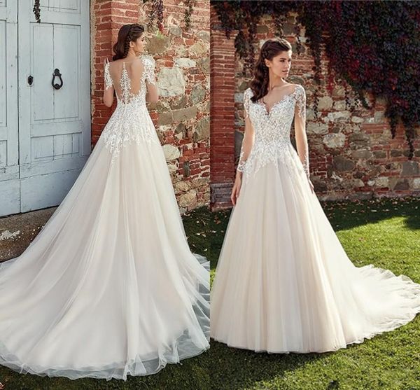 vintage summer beach long sleeve wedding dresses 2019 a line sheer neck backless with button covered longbohemian bridal gowns, White
vintage summer beach long sleeve wedding dresses 2019 a line sheer neck backless with button covered longbohemian bridal gowns, White