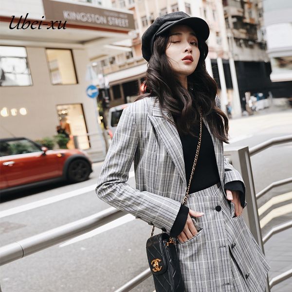 ubei2018 autumn suits women's wear long sleeve plaid short suit jacket two-piece women's skirt sets, Gray 
ubei2018 autumn suits women's wear long sleeve plaid short suit jacket two-piece women's skirt sets, Gray