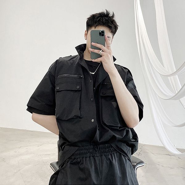 summer black solid pocket design overalls short sleeve shirt stylish men's suit collar loose personality shirt, White;black
summer black solid pocket design overalls short sleeve shirt stylish men's suit collar loose personality shirt, White;black