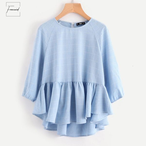 raglan blouse sleeve ruffle sleeve dip hem grid woman blouses autumn blue three quarter length plaid blouse, White
raglan blouse sleeve ruffle sleeve dip hem grid woman blouses autumn blue three quarter length plaid blouse, White