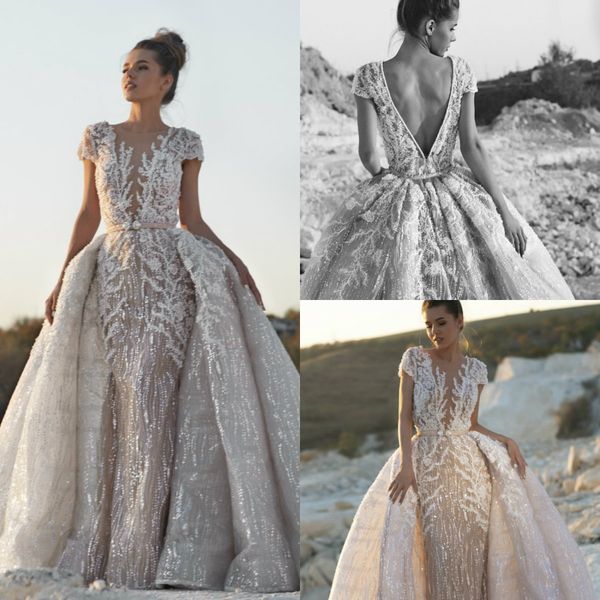 2019 gorgeous sequins mermaid wedding dresses with detachable overskirts lace appliqued vestidos de novia plus size country bridal gowns, White
2019 gorgeous sequins mermaid wedding dresses with detachable overskirts lace appliqued vestidos de novia plus size country bridal gowns, White