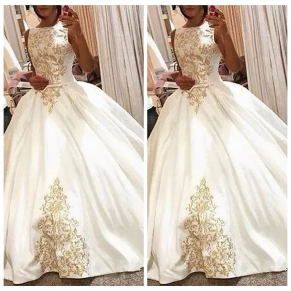 2019 o-neck ball gown wedding dresses vestidos vintage with gold lace appliques long bridal gowns custom arabic dubai robe de marriage, White
2019 o-neck ball gown wedding dresses vestidos vintage with gold lace appliques long bridal gowns custom arabic dubai robe de marriage, White