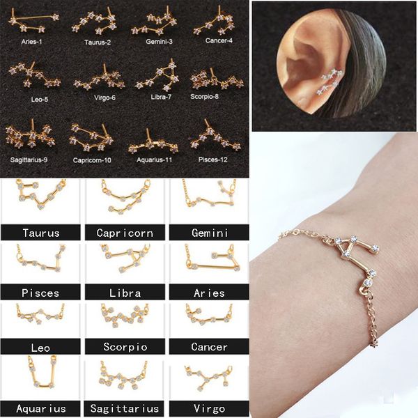 fengli simple design 12 constellation earrings gold fashion statement gifts for girlfriend chain bracelet set geometric jewelry, Silver 
fengli simple design 12 constellation earrings gold fashion statement gifts for girlfriend chain bracelet set geometric jewelry, Silver