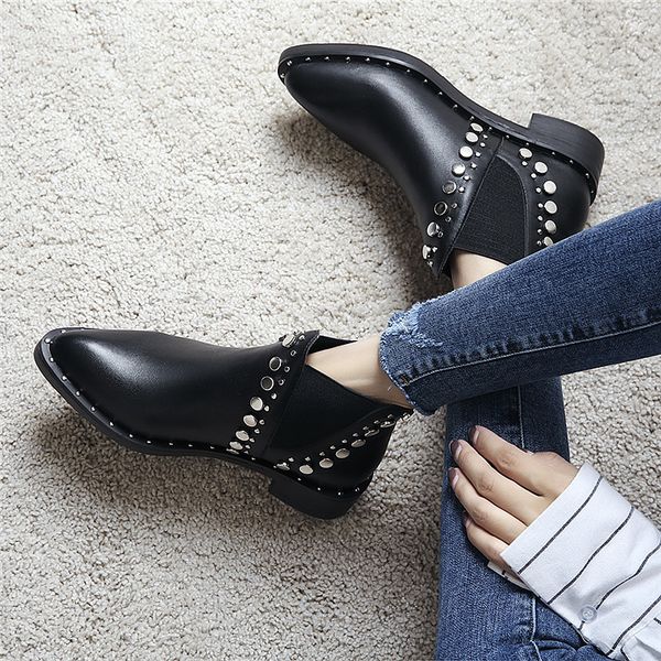 punk rivet boots women brand pointed toe leather booties studded thick low heels ankle botas plush shoes winter, Black
punk rivet boots women brand pointed toe leather booties studded thick low heels ankle botas plush shoes winter, Black