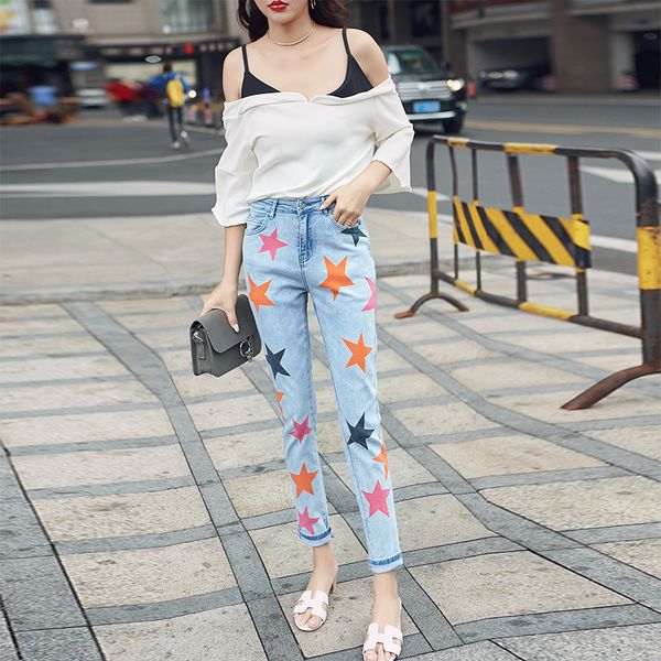 new 2019 european and american star same colour the stars straight jeans female printing easy leisure trousers, Blue
new 2019 european and american star same colour the stars straight jeans female printing easy leisure trousers, Blue