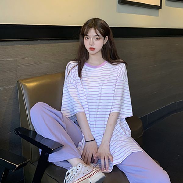 western style purple suit female summer 2020 new korean web celebrity striped t-shirt + casual wide-leg pants two-piece set, White
western style purple suit female summer 2020 new korean web celebrity striped t-shirt + casual wide-leg pants two-piece set, White