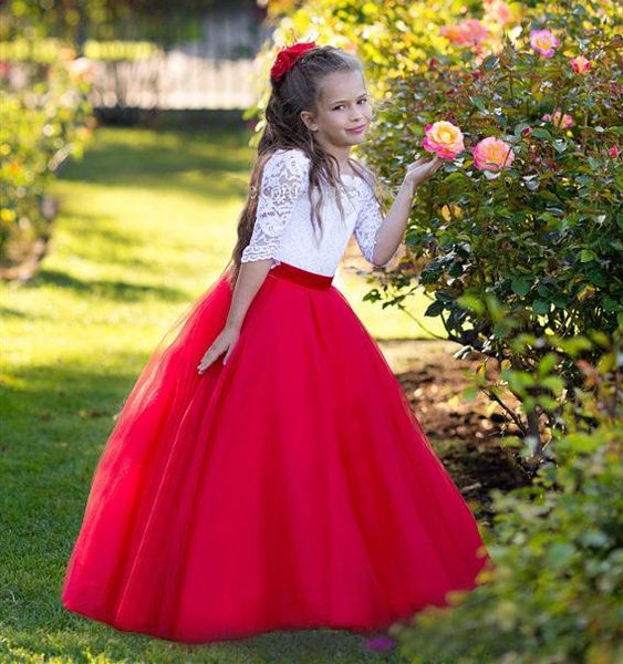 red a-line flower girl dress for wedding party white lace tulle gown half sleeve pageant dress custom made, Red;yellow
red a-line flower girl dress for wedding party white lace tulle gown half sleeve pageant dress custom made, Red;yellow