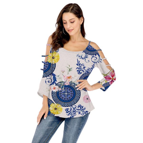 Fashion Female Floral Printed Shirt Women Shoulder with Hollow Out Tshirt Casual Ladies Holidays Designer Clothing
Fashion Female Floral Printed Shirt Women Shoulder with Hollow Out Tshirt Casual Ladies Holidays Designer Clothing