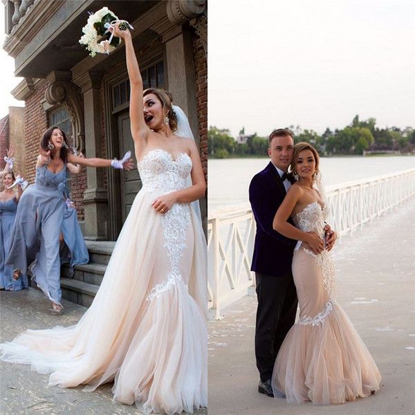 2020 champagne lace mermaid boho wedding dresses detachable train tulle lace applique strapless berta wedding dress vestidos de novia, White
2020 champagne lace mermaid boho wedding dresses detachable train tulle lace applique strapless berta wedding dress vestidos de novia, White