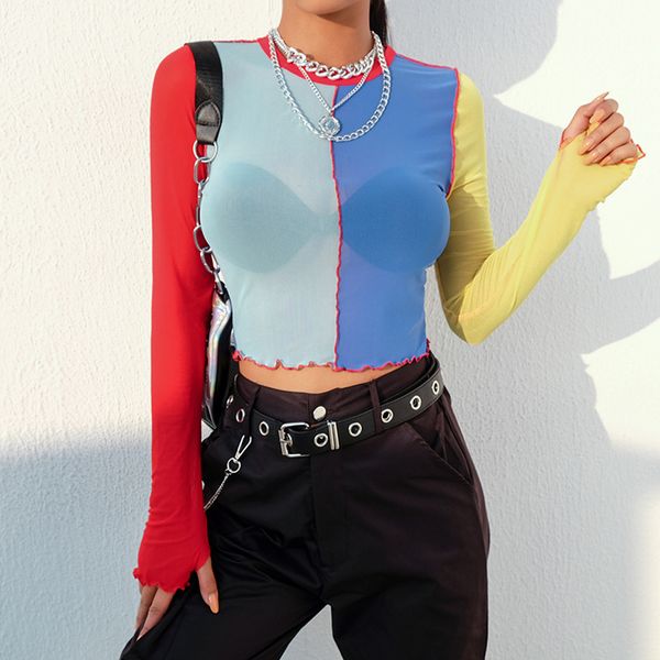 2019 fashion summer women's o-neck color block mesh perspective patchwork short navel top, White
2019 fashion summer women's o-neck color block mesh perspective patchwork short navel top, White