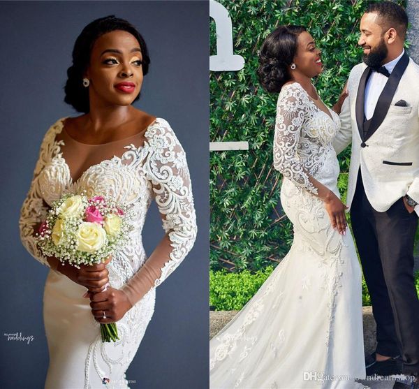 african vintage long sleeves mermaid wedding dresses lace appliqued black girl sweep train plus size bridal gowns sheer jewel neck, White
african vintage long sleeves mermaid wedding dresses lace appliqued black girl sweep train plus size bridal gowns sheer jewel neck, White