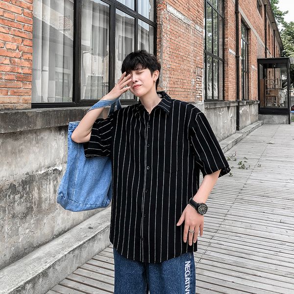 2019 summer new students quality couple sports men's short-sleeved seven-point sleeves striped loose short casual shirt, White;black
2019 summer new students quality couple sports men's short-sleeved seven-point sleeves striped loose short casual shirt, White;black