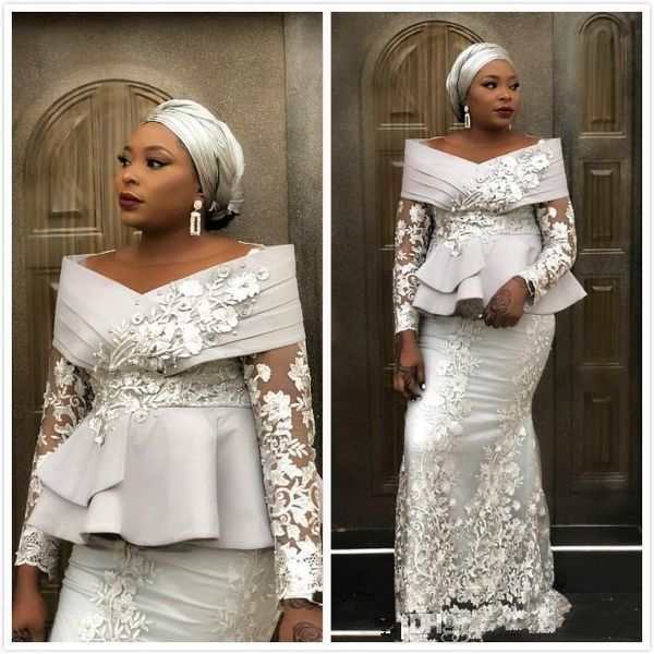 2020 new arabic dubai silver mermaid evening dresses off shoulder lace appliques peplum long sleeves plus size celebrity party prom gowns, Black;red
2020 new arabic dubai silver mermaid evening dresses off shoulder lace appliques peplum long sleeves plus size celebrity party prom gowns, Black;red
