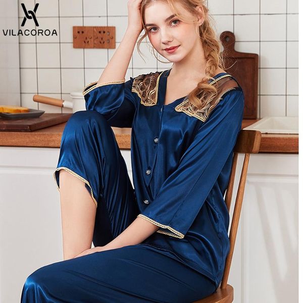 simulation silk stitching v-neck button pajamas for women seven-quarter sleeve + pant 2 piece set pajama set pyjama femme, Blue;gray
simulation silk stitching v-neck button pajamas for women seven-quarter sleeve + pant 2 piece set pajama set pyjama femme, Blue;gray