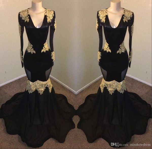 new black satin mermaid prom dresses deep v neck long sleeves gold lace applique floor length formal party evening gowns
new black satin mermaid prom dresses deep v neck long sleeves gold lace applique floor length formal party evening gowns