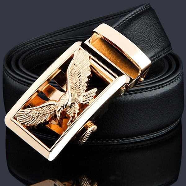 

kwd luxury gold eagle metal automatic buckle waist belt designer belts men's cow genuine leather kemer for jeans, Black;brown