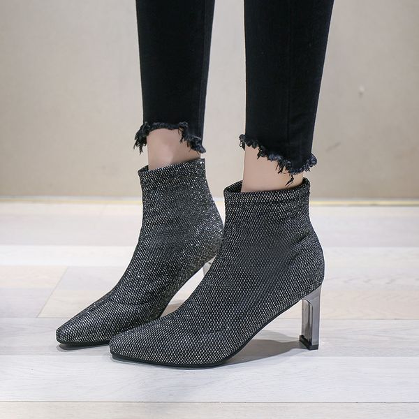 short boots woman coarse with 2020 season paillette cloth elastic force boots high heeled women shoes zapatos de mujer, Black 
short boots woman coarse with 2020 season paillette cloth elastic force boots high heeled women shoes zapatos de mujer, Black
