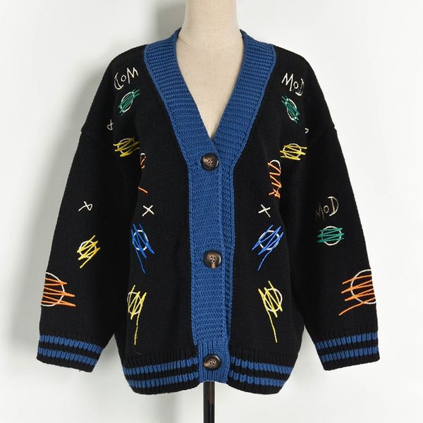 2019 new coarse wool embroidery graffiti circle contrast color loose black lazy knitted women sweater luxury coat female cardigan, White;black
2019 new coarse wool embroidery graffiti circle contrast color loose black lazy knitted women sweater luxury coat female cardigan, White;black
