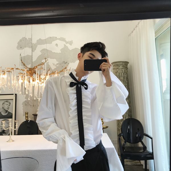 2019 summer korean style unique court folds flounced shirts men casual loose flounced shirts for men, White;black
2019 summer korean style unique court folds flounced shirts men casual loose flounced shirts for men, White;black