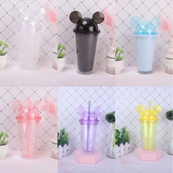 plastic mouse lid cup travel cup with straws juice wine glass kids baby cartoon cute plastic tumbler
