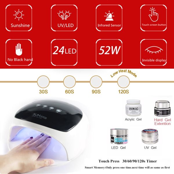 sun4 plus 52w nail dryer 24 leds uv lamp manicure lcd display touch sensor gel polish curing no black hand 30s/60s/90s timer
sun4 plus 52w nail dryer 24 leds uv lamp manicure lcd display touch sensor gel polish curing no black hand 30s/60s/90s timer