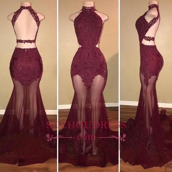 2019 burgundy mermaid prom dresses high neck lace appliques backless evening party gown sheer train special occasion dress ba7713, Black
2019 burgundy mermaid prom dresses high neck lace appliques backless evening party gown sheer train special occasion dress ba7713, Black