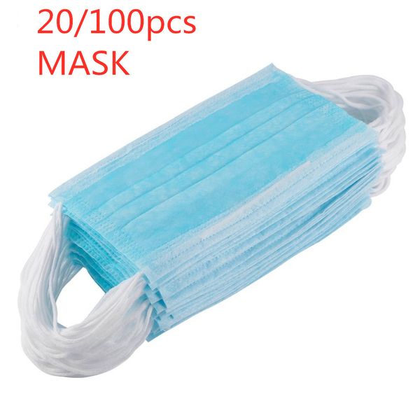 20/100 шт нетканые одноразовые маски для лица 3 слоя висит ухо пылевой фильтр безопасности эластичные лица пылезащитные защитные маски горяч