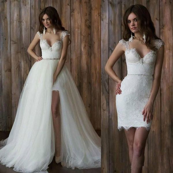 new short full lace wedding dresses with detachable skirt cap sleeves sweep train backless beach bridal gowns customize 2020, White
new short full lace wedding dresses with detachable skirt cap sleeves sweep train backless beach bridal gowns customize 2020, White