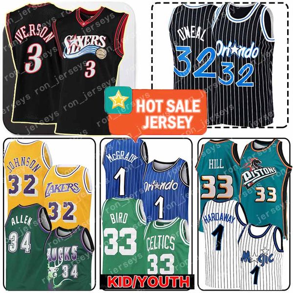 allen 3 iverson orlando magic jersey shaquille 32 oneal tracy 1 mcgrady grant 33 hill ray 34 allen larry hardaway bird johnson, Black;red