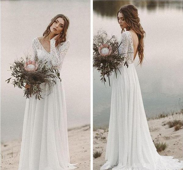 beach country wedding dresses a-line chiffon lace v neck with long sleeves draped backless bridal gown illusion sweep train, White
beach country wedding dresses a-line chiffon lace v neck with long sleeves draped backless bridal gown illusion sweep train, White