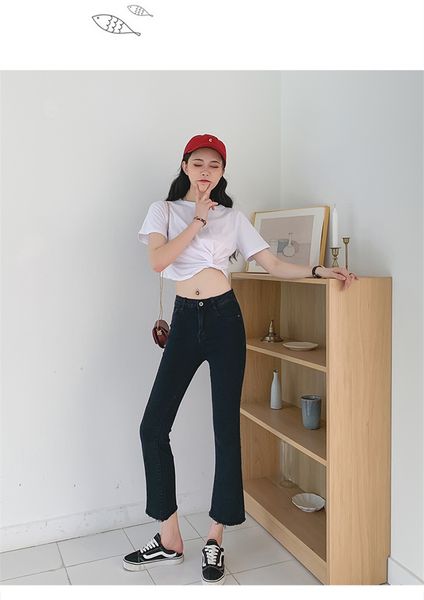 wither black micro flared jeans female elastic straight trousers, Blue