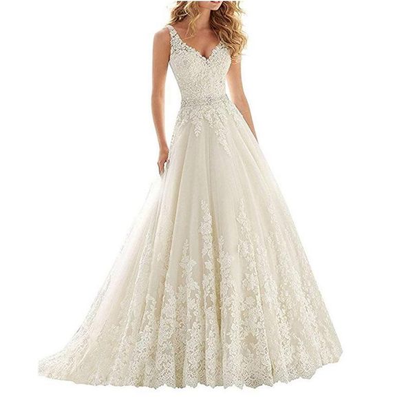 elegant v-neck wedding dresses lace appliques court train bridal gowns with beaded belt sleeveless backless wedding dress bride gowns, White
elegant v-neck wedding dresses lace appliques court train bridal gowns with beaded belt sleeveless backless wedding dress bride gowns, White