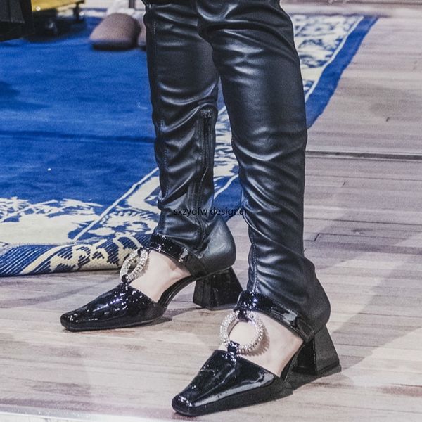 patent leather point toe crystal decor round buckle hollow women boots mujer med heels square heel over-the-knee stretch boots, Black
patent leather point toe crystal decor round buckle hollow women boots mujer med heels square heel over-the-knee stretch boots, Black