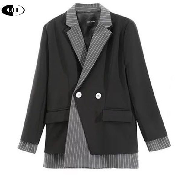 women patchwork striped split blazer lapel long sleeve loose fit jacket chic tide spring autumn casual black clothes coats, White;black 
women patchwork striped split blazer lapel long sleeve loose fit jacket chic tide spring autumn casual black clothes coats, White;black