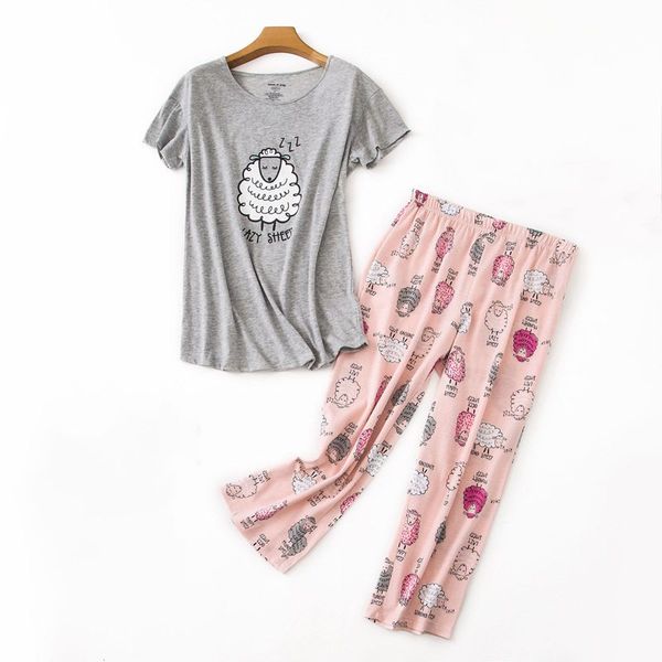 2019 summer female casual cartoon pajama sets women short sleeve round collar t shirt + pants ladies 100% cotton sleepwear suit, Blue;gray
2019 summer female casual cartoon pajama sets women short sleeve round collar t shirt + pants ladies 100% cotton sleepwear suit, Blue;gray