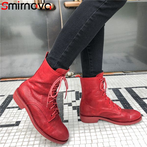 smirnova 2020 fashion ankle boots women genuine leather low heels shoes lace up round toe autumn fashion boots woman, Black