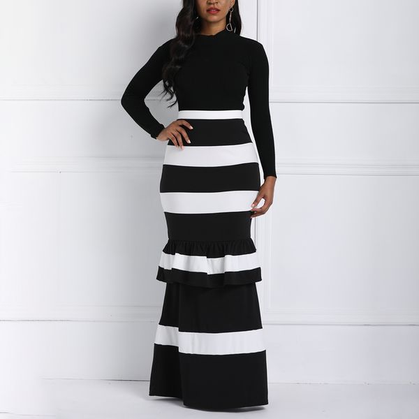 striped mermaid long skirt patchwork stringy selvedge ruffles lady party skirts, Black
striped mermaid long skirt patchwork stringy selvedge ruffles lady party skirts, Black