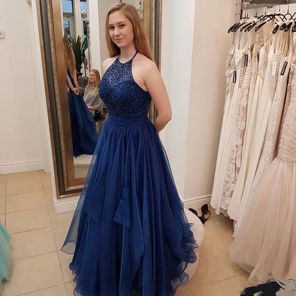 navy blue prom dresses halter a line tulle party gowns with beaded floor length evening dress robe de soiree, Black
navy blue prom dresses halter a line tulle party gowns with beaded floor length evening dress robe de soiree, Black