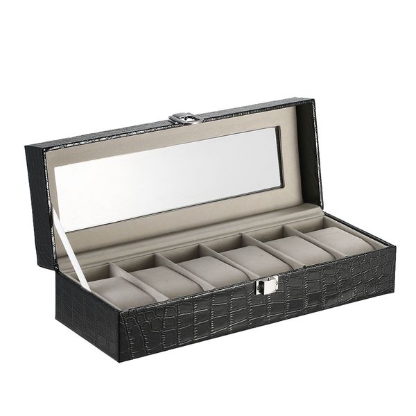 luxury 6 slot watch organizer storage box glass pu leather watch display case black crocodile-like texture w/ pillows, Black;blue
luxury 6 slot watch organizer storage box glass pu leather watch display case black crocodile-like texture w/ pillows, Black;blue