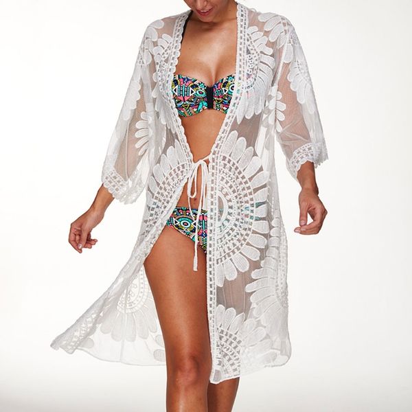 women's swimwear beach cover up floral embroidery bikini women robe de plage cardigan bathing suit ups, White;black
women's swimwear beach cover up floral embroidery bikini women robe de plage cardigan bathing suit ups, White;black