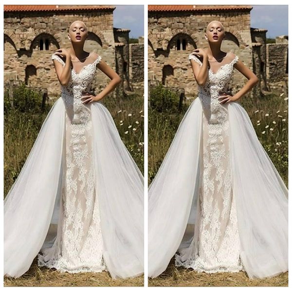 2020 sheer scoop short sleeves lace appliques wedding dresses with detachable train long tulle bridal gowns formal garden vestidos de mariee, White
2020 sheer scoop short sleeves lace appliques wedding dresses with detachable train long tulle bridal gowns formal garden vestidos de mariee, White