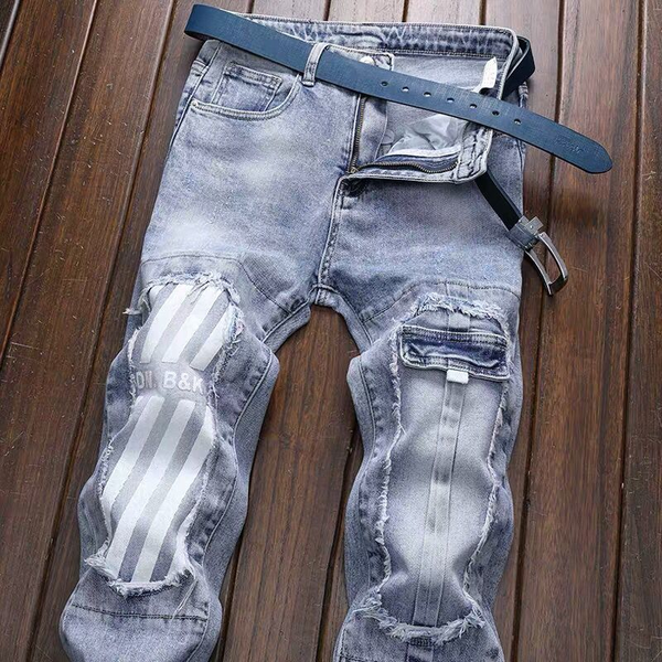 2020 new embroidered jeans men's hole patch slim feet elastic printing tide brand personality trousers demin men jeans ker, Blue
2020 new embroidered jeans men's hole patch slim feet elastic printing tide brand personality trousers demin men jeans ker, Blue