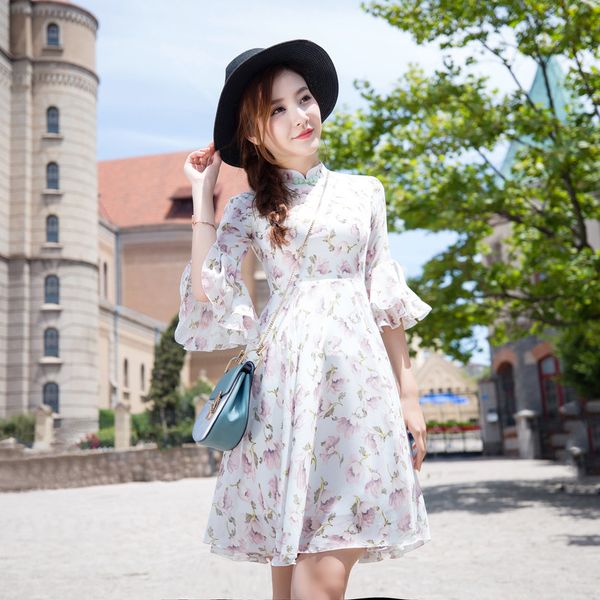 new sweet women chiffon lotus leaf sleeves stand collar dresses female printing lotus lace original dress slim cheongsam, White
new sweet women chiffon lotus leaf sleeves stand collar dresses female printing lotus lace original dress slim cheongsam, White
