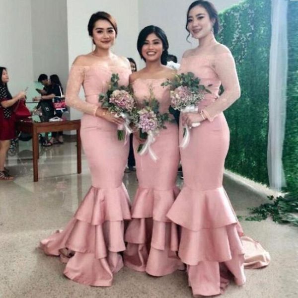 chic mermaid lace bridesmaid dresses off the shoulder long sleeves party dress sweep train satin tiered country maid of honor gowns, White;pink
chic mermaid lace bridesmaid dresses off the shoulder long sleeves party dress sweep train satin tiered country maid of honor gowns, White;pink