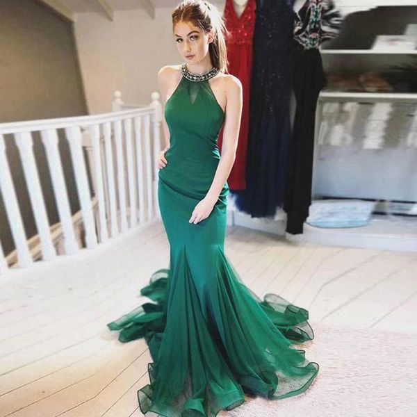 stunning emerald green prom dress with sweep train beaded halter neckline mermaid prom dresses zipper up back formal cocktail dresses, Black
stunning emerald green prom dress with sweep train beaded halter neckline mermaid prom dresses zipper up back formal cocktail dresses, Black