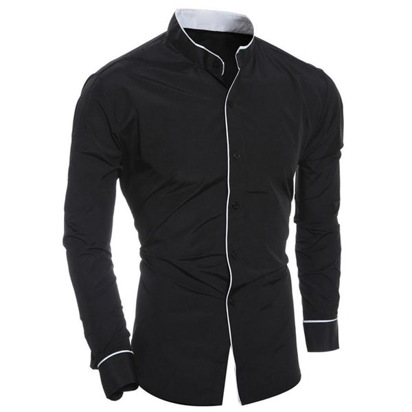 men casual solid color long sleeve stand collar slim button closure shirt top, White;black
men casual solid color long sleeve stand collar slim button closure shirt top, White;black