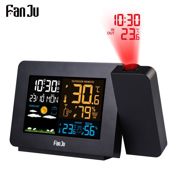 

fanju digital alarm clock weather station led temperature humidity weather forecast snooze table clock with time projection